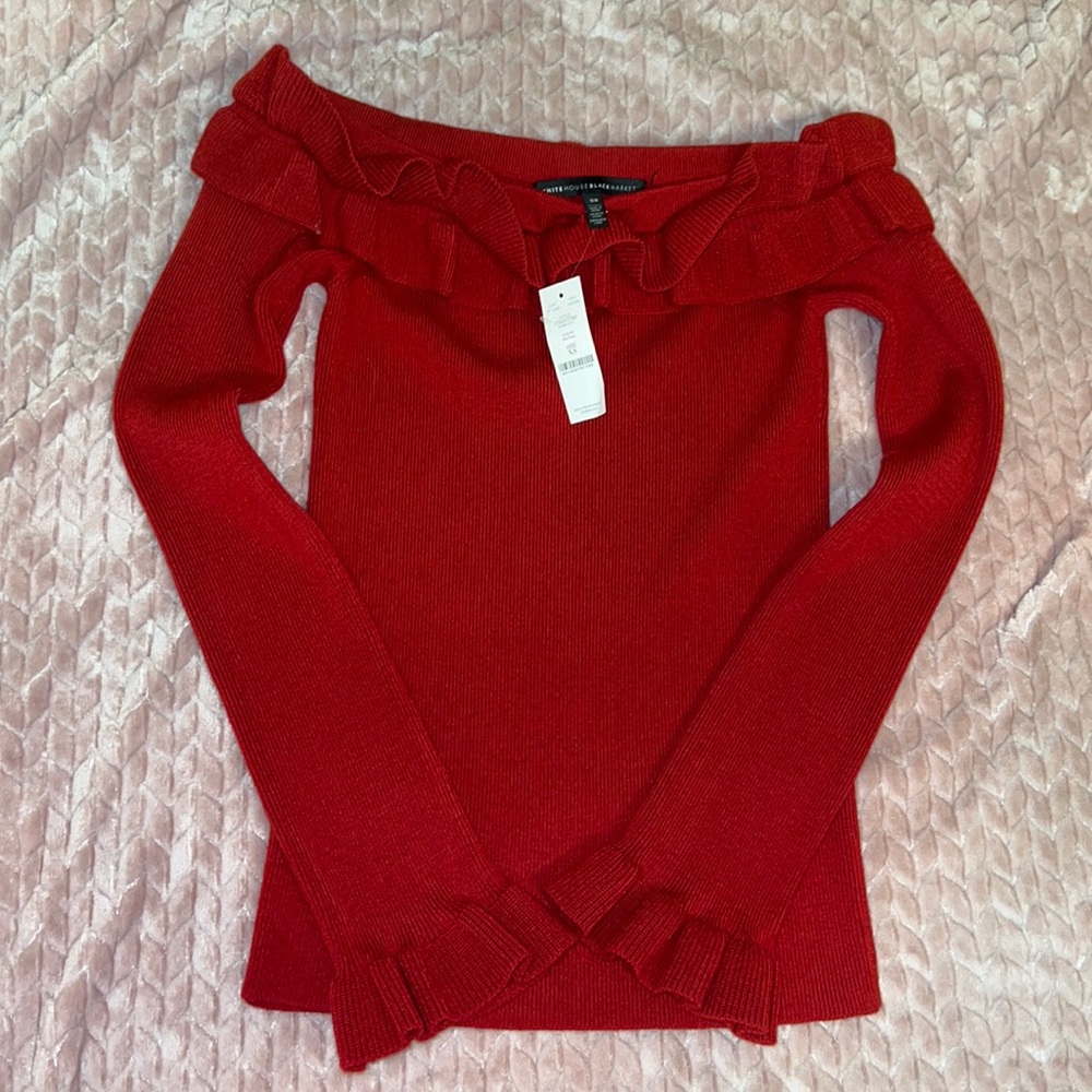 Red Rose Ruffled off the shoulders sweater top.